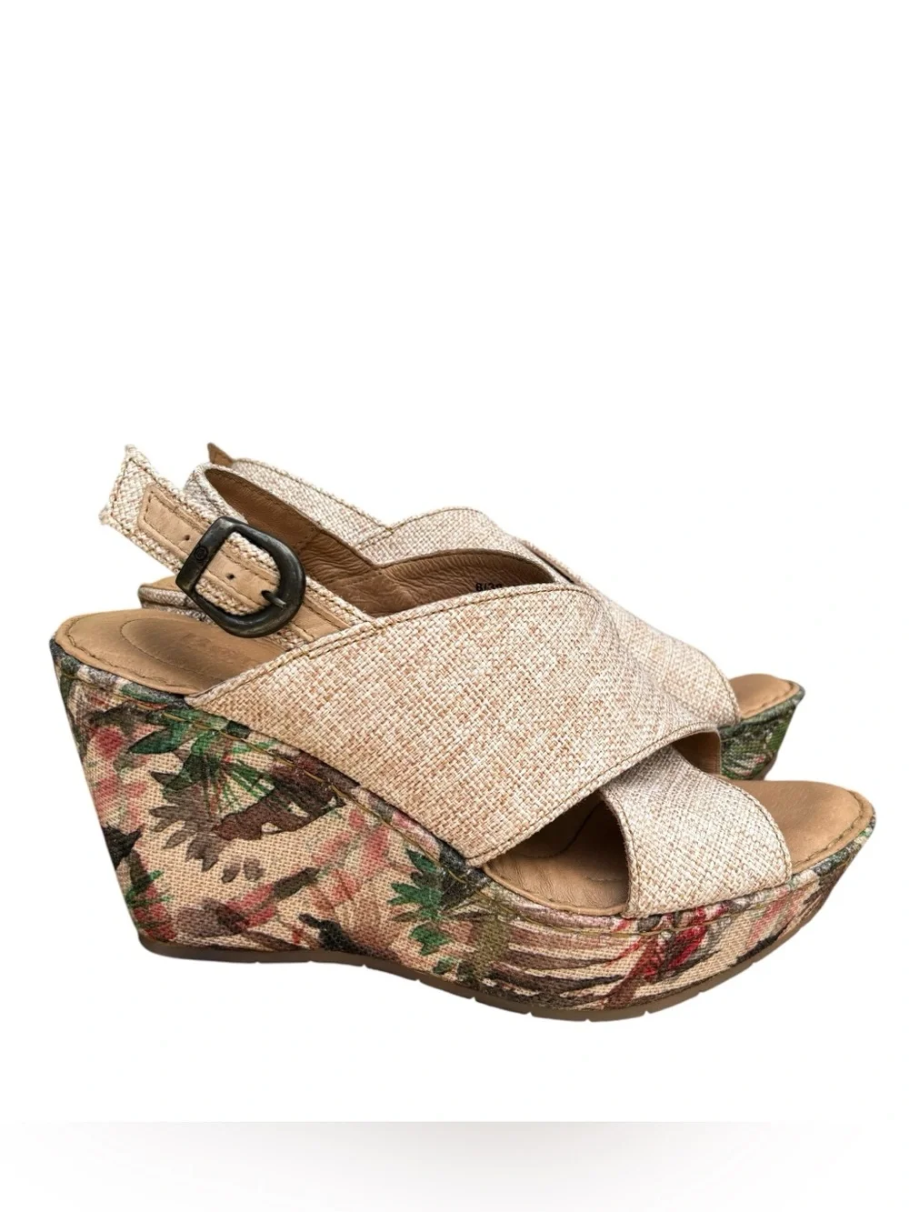 Born Emmy II Citrus Fabric Tropical Print Cross-Strap Floral Tan  Wedge Sandals